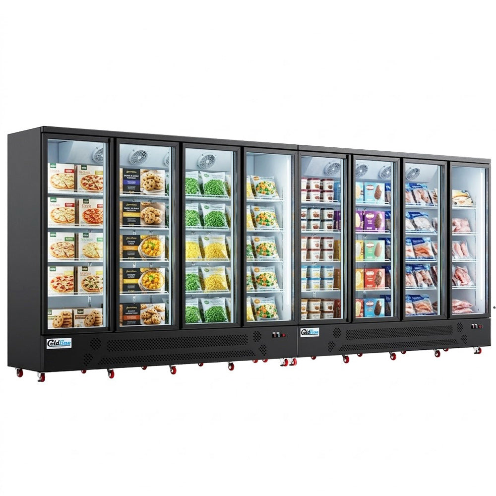 Coldline D8-B 197" Eight Glass Door Merchandiser Freezer with LED Lighting, Black