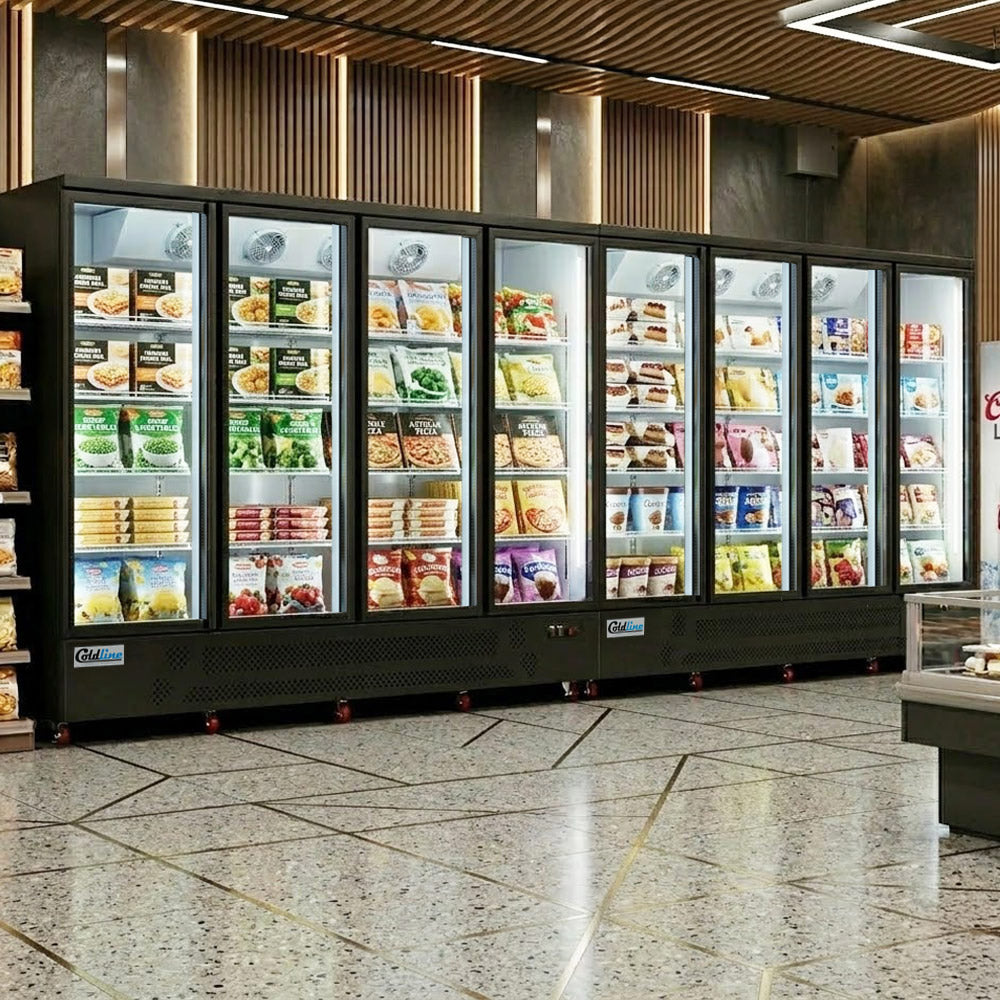 Coldline D8-B 197" Eight Glass Door Merchandiser Freezer with LED Lighting, Black