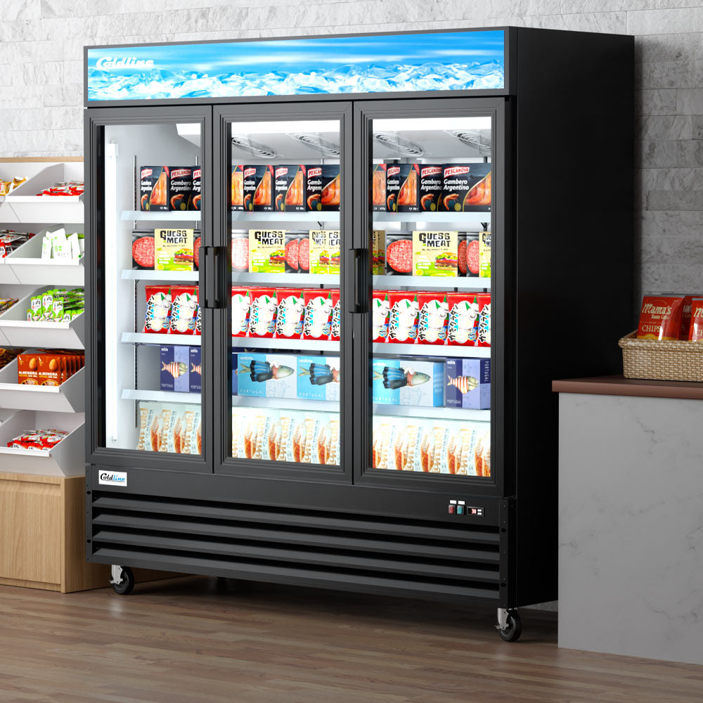 Coldline D80-B black glass door merchandiser freezer, stocked in a store (representative image)
