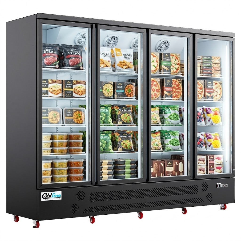 Coldline D4-B 98" Four Glass Door Merchandiser Freezer with LED Lighting, Black