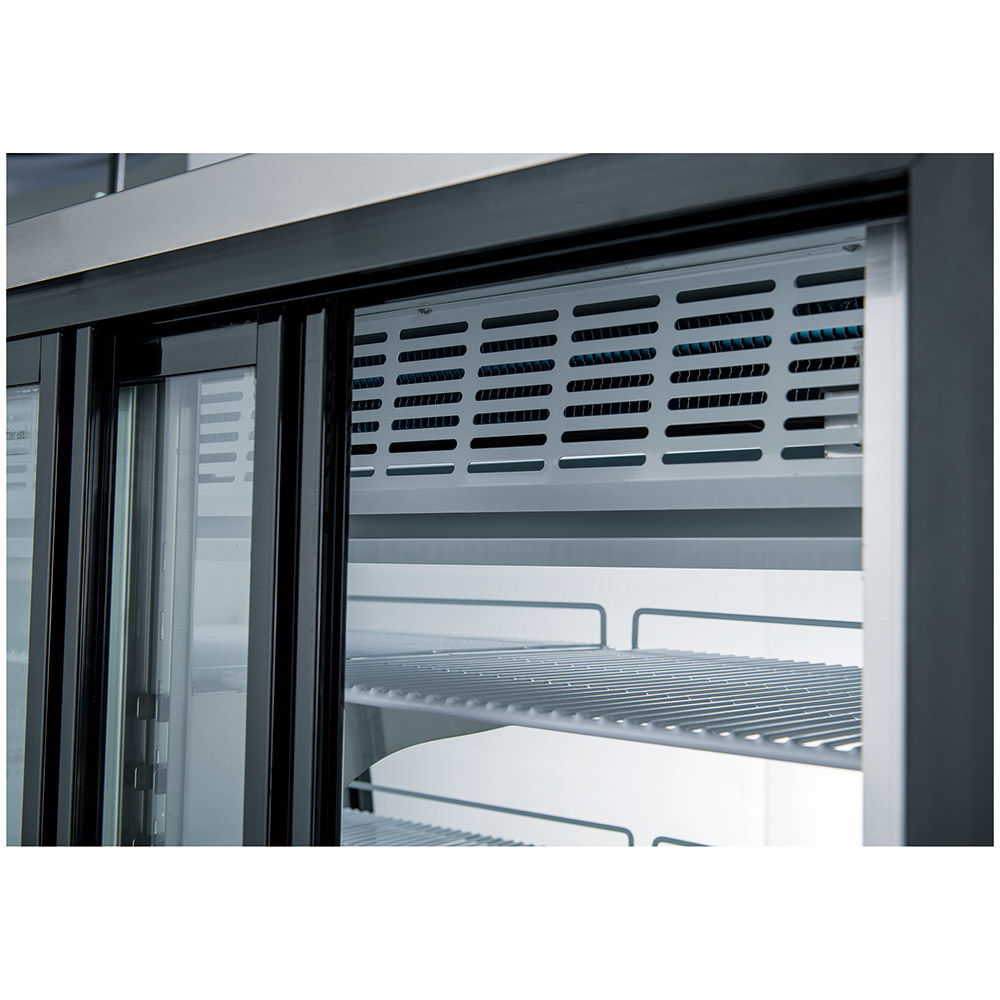 Coldline DC64-SS curved glass refrigerated deli display case, rear sliding doors, close-up (representative image)