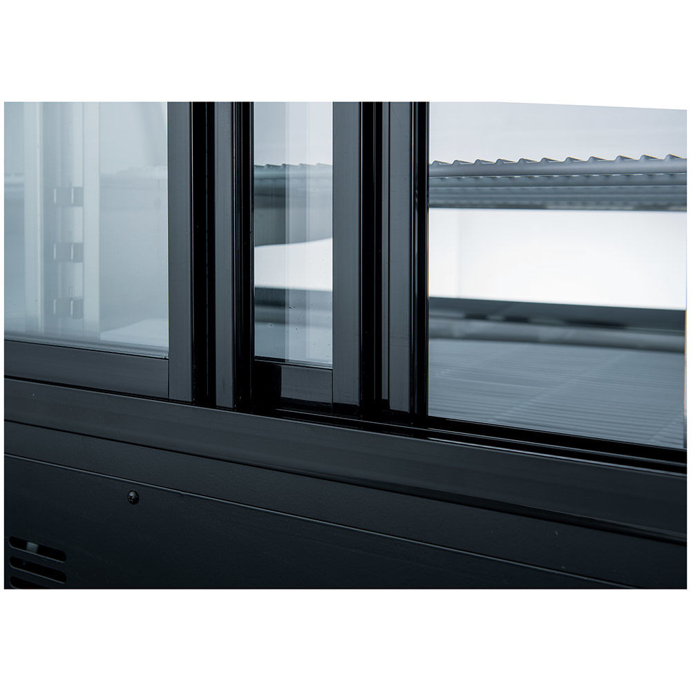 Coldline DC80-B black curved glass deli display case, sliding rear glass doors, close-up