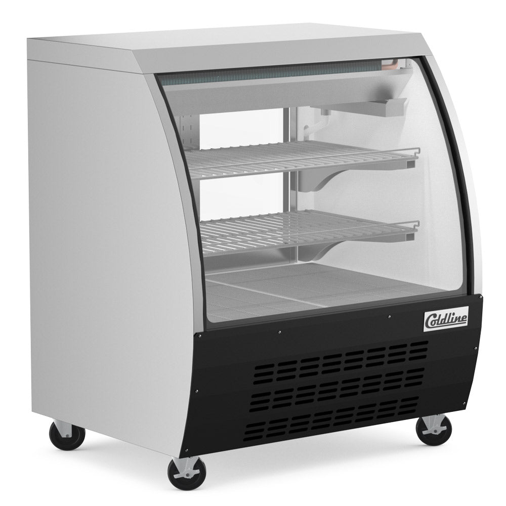 Coldline DC36-B black curved glass deli display case, angled front view