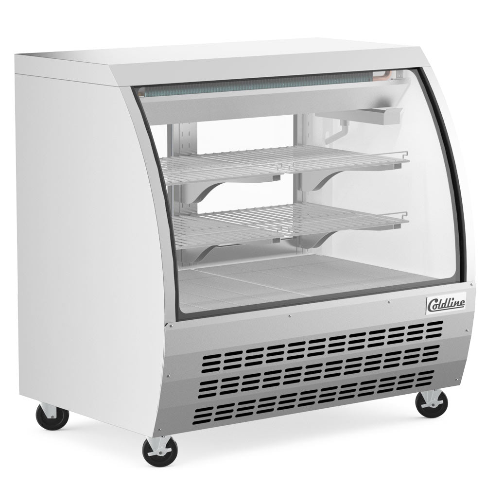 Coldline DC48-SS stainless steel curved glass deli display case, angled front view