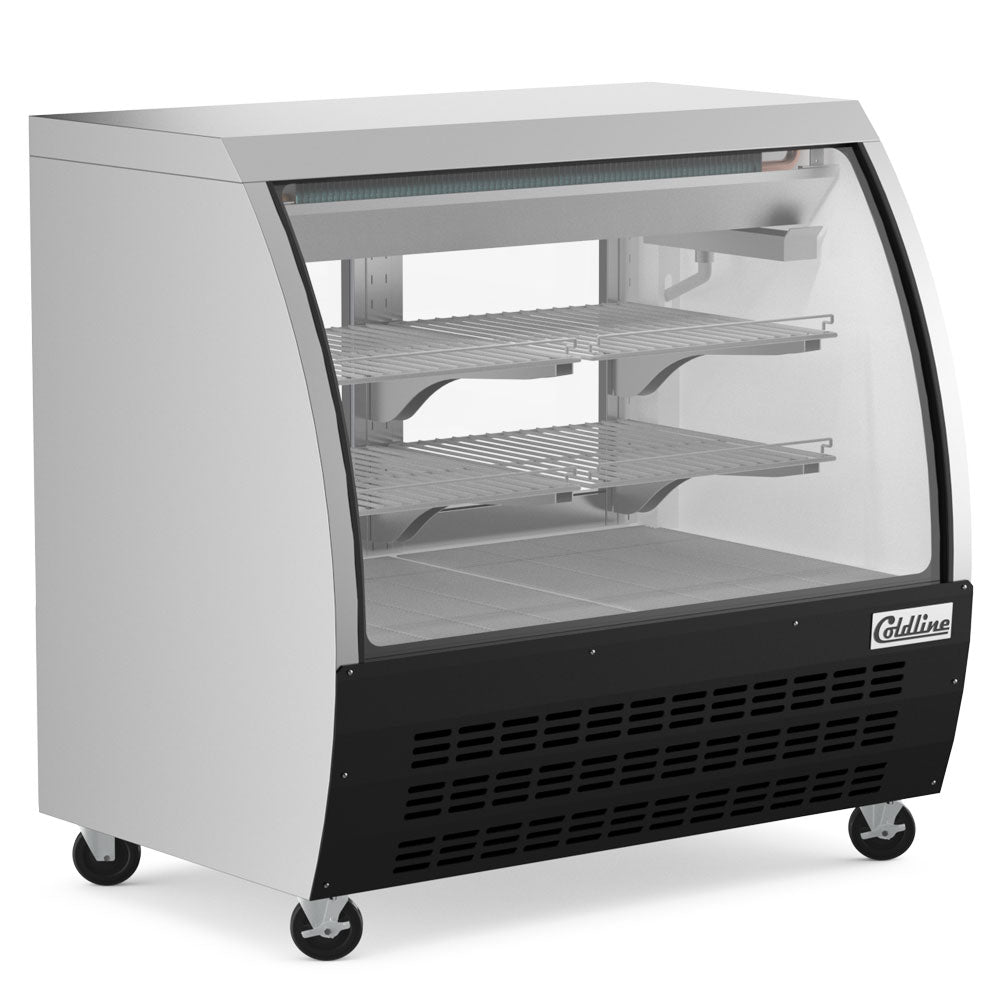 Coldline DC48-B black curved glass deli display case, angled front view