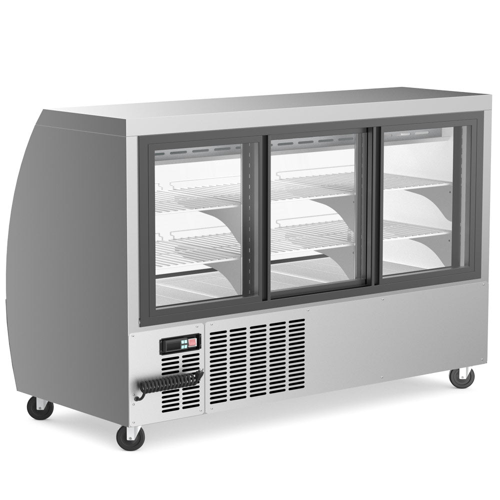 Coldline DC64-B black curved glass deli display case, rear view with sliding glass doors