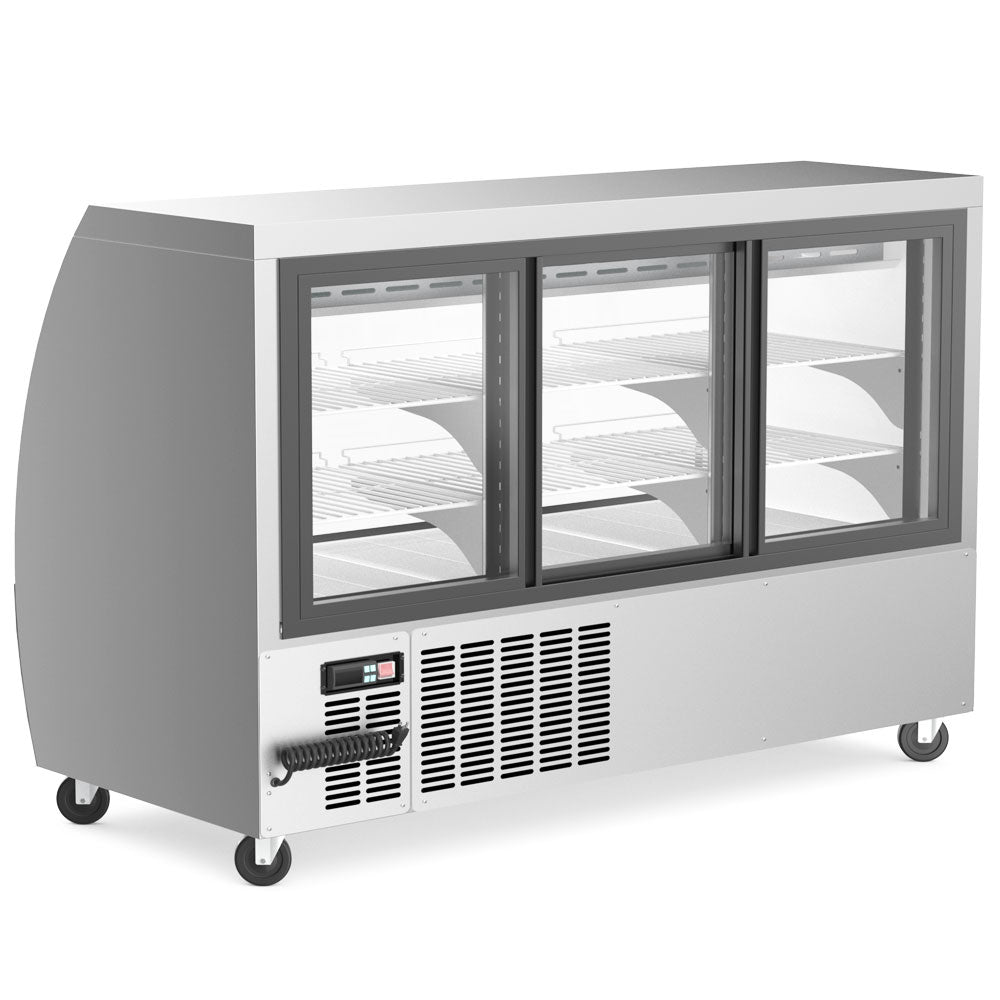 Coldline DC64-SS curved glass refrigerated deli display case, rear view with sliding glass doors