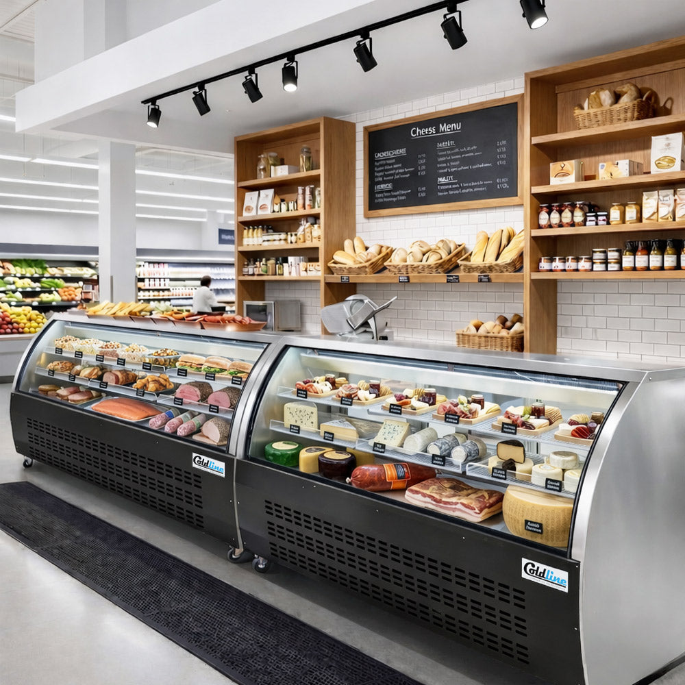Coldline DC80-B black curved glass deli display case, in a deli and bakery setting (representative image)