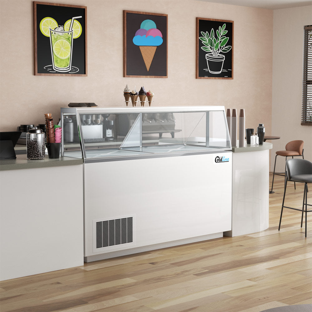 Coldline DIP-66 ice cream dipping cabinet, behind a cafe counter