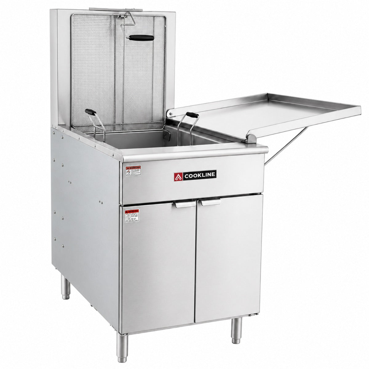 Cookline DOF-125 gas flat bottom donut fryer, front angle view, fry screen raised