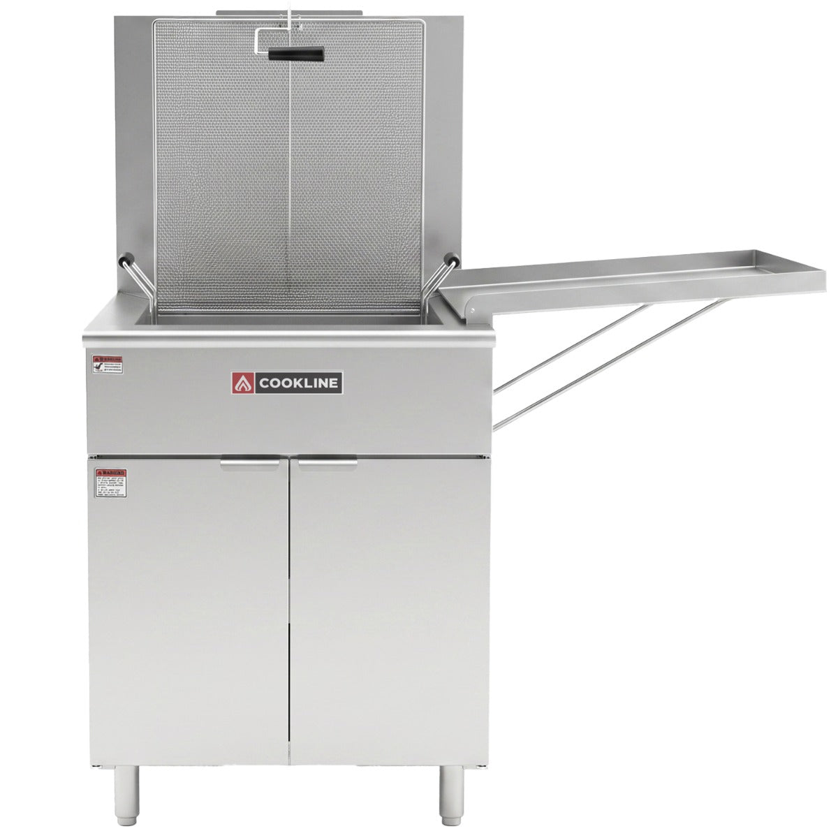 Cookline DOF-125 gas flat bottom donut fryer, front view with drip tray