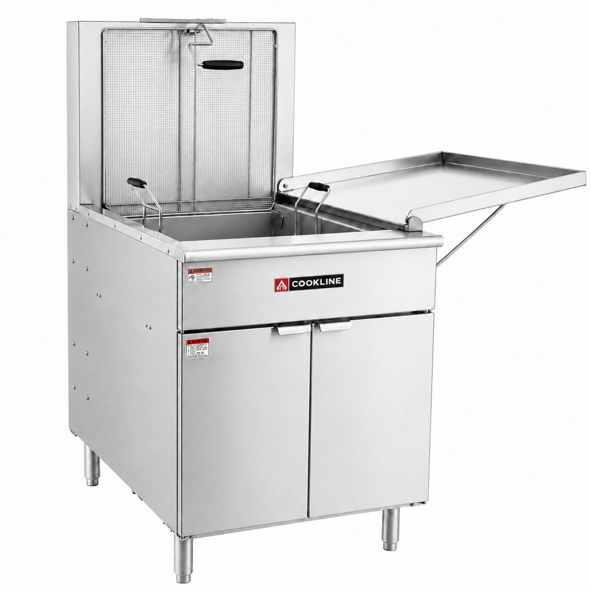 Cookline DOF-170 gas flat bottom donut fryer, front angle view, fry screen raised