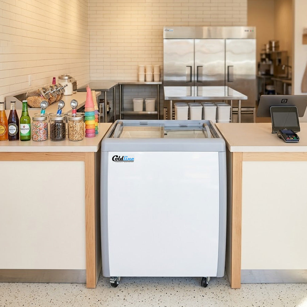 Coldline DP-160 ice cream dipping cabinet, in an ice cream shop