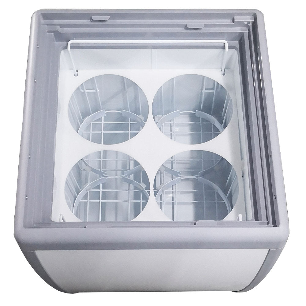 Coldline DP-160 ice cream dipping cabinet, tub holders seen through the open lid