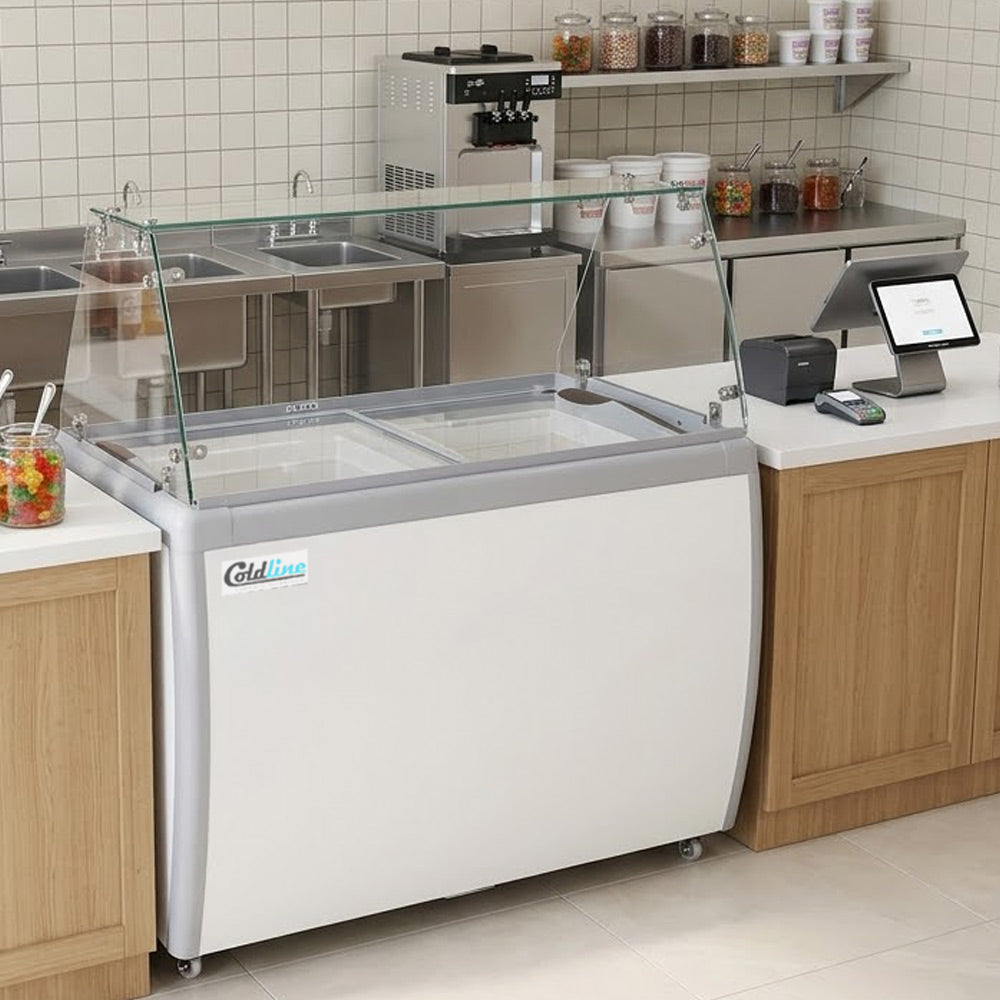 Coldline DP-360-FSG ice cream dipping cabinet, in an ice cream shop