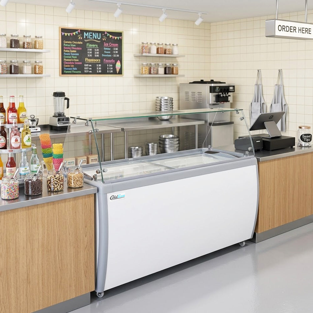 Coldline DP-560-FSG ice cream dipping cabinet, in an ice cream shop