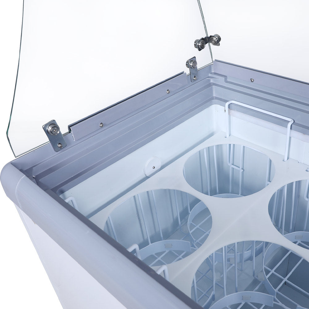 Coldline DP-560-FSG ice cream dipping cabinet, sneeze guard and tub holders, close-up