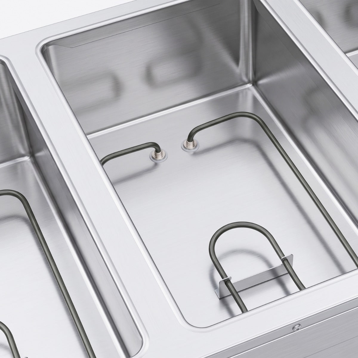 Prepline EST74-5O-SG electric steam table with sneeze guard, open well with heating element, close-up (representative image)