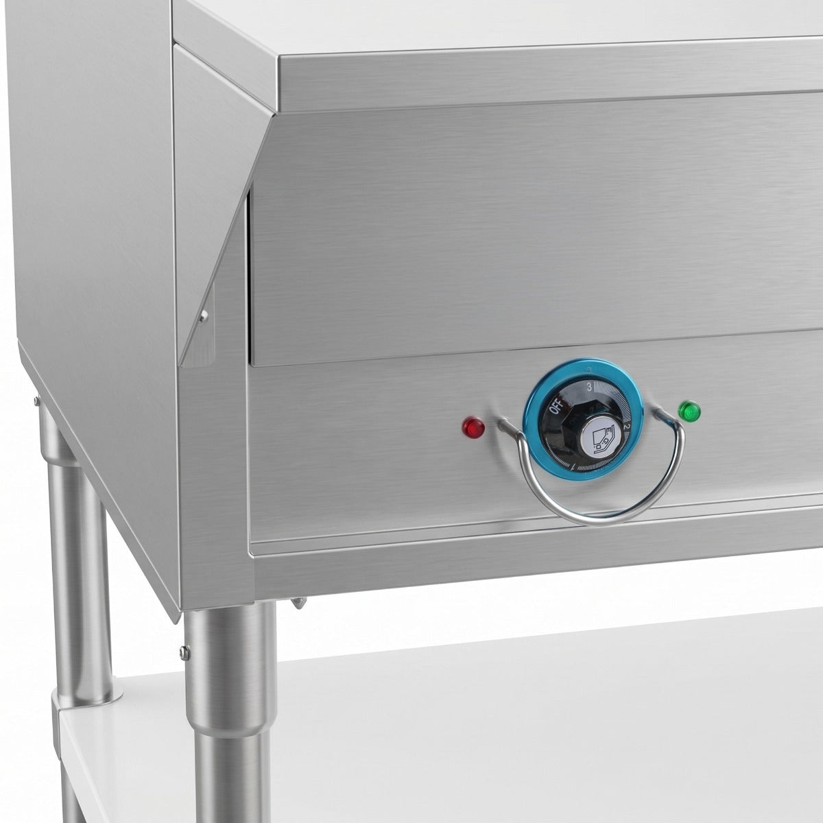 Prepline EST30-2O-LT electric steam table with lighted sneeze guard, heat control and indicator lights, close-up (representative image)