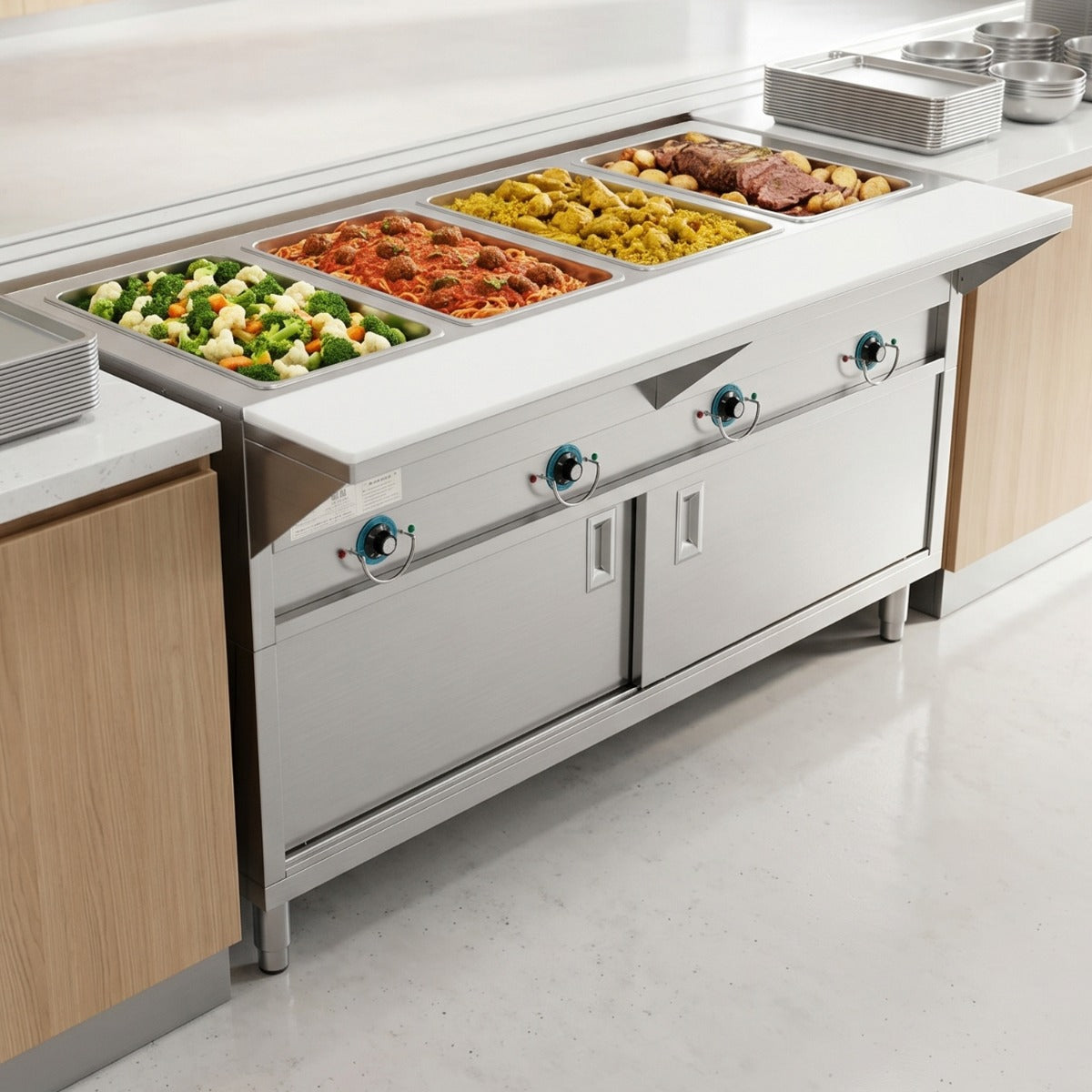 Prepline ESTC60-4S-110 4-well electric steam table, holding food pans on a serving line (representative image)