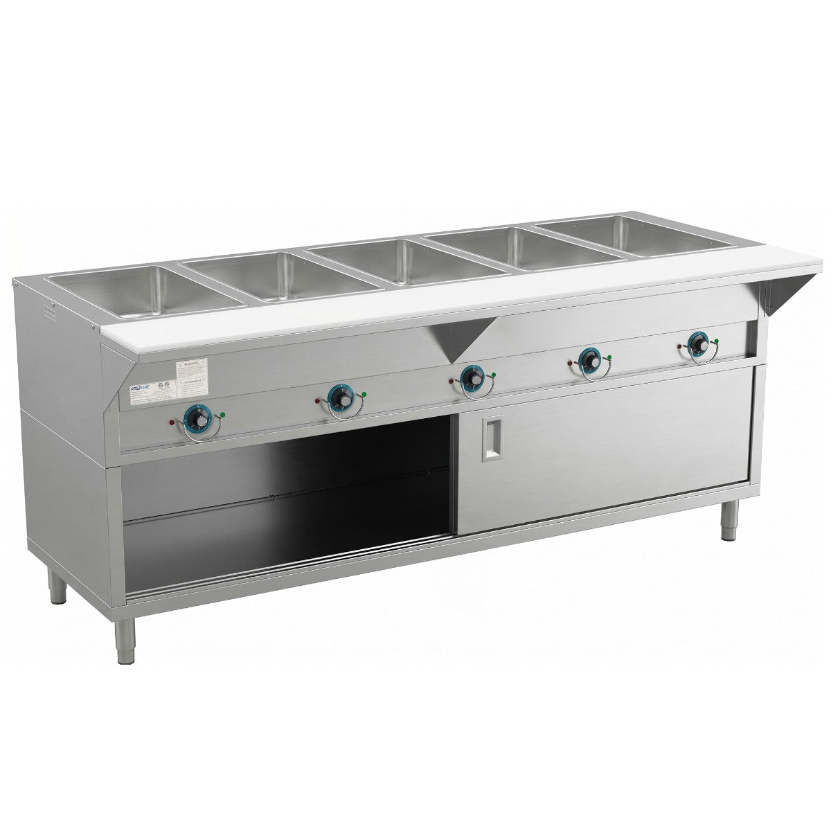 Prepline ESTC74-5O 5-well electric steam table, angled front view, one sliding door open (representative image)