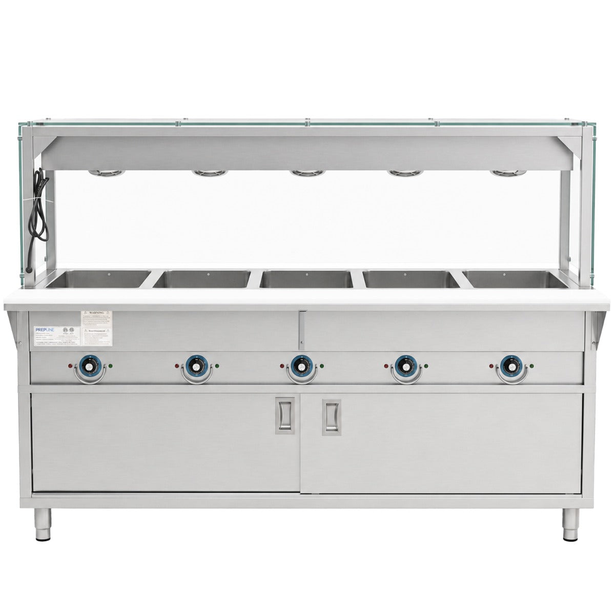 Prepline ESTC74-5O-LT electric steam table with lighted sneeze guard, front view