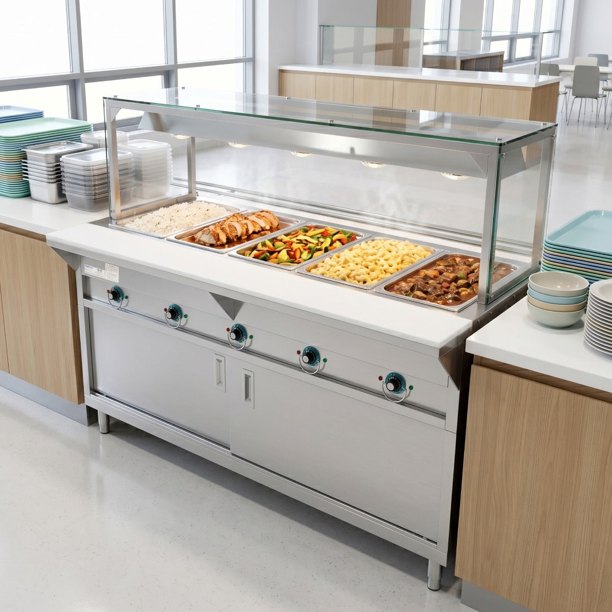 Prepline ESTC74-5O-LT electric steam table with lighted sneeze guard, holding food on a serving line