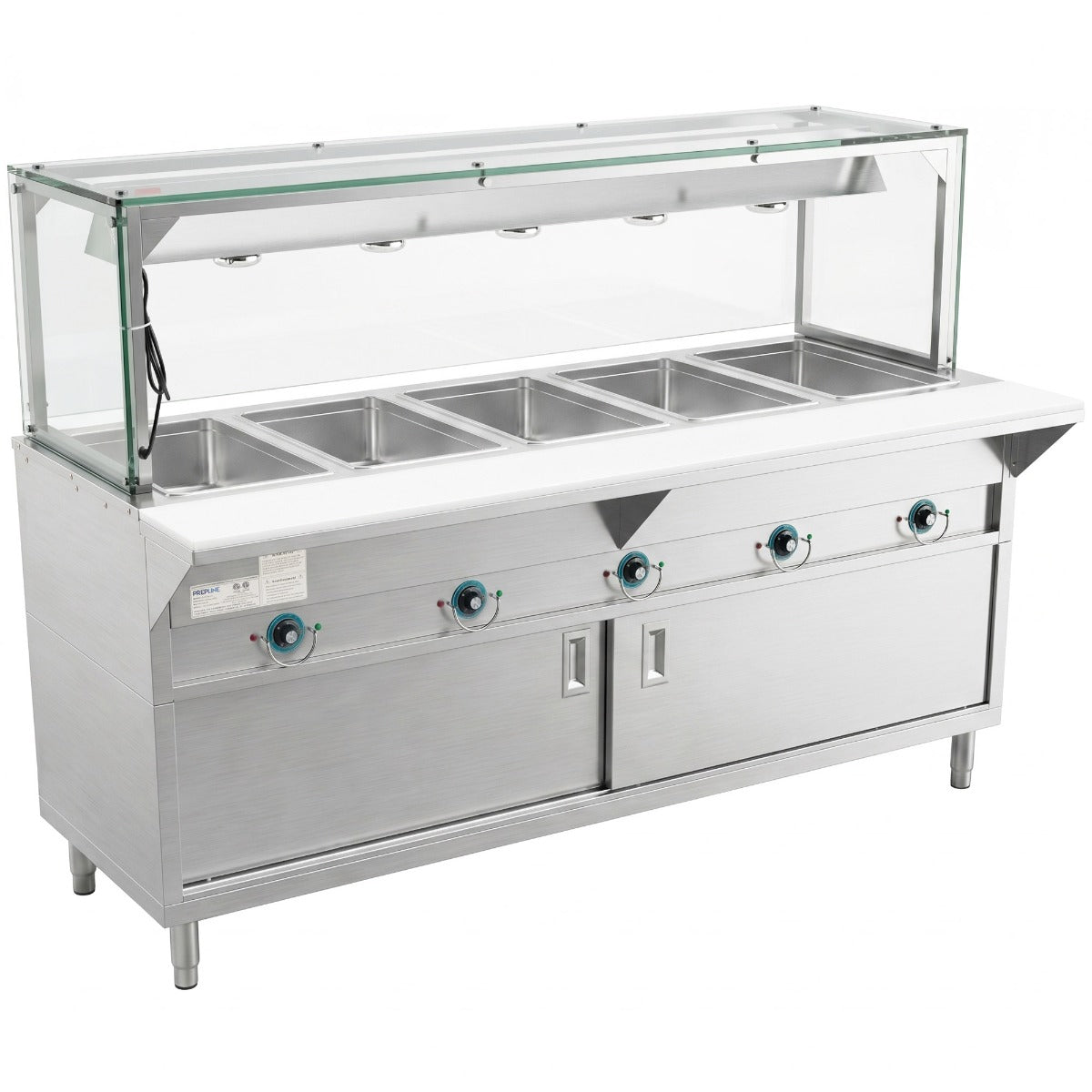 Prepline ESTC74-5S-LT electric steam table with lighted sneeze guard, angled front view (representative image)