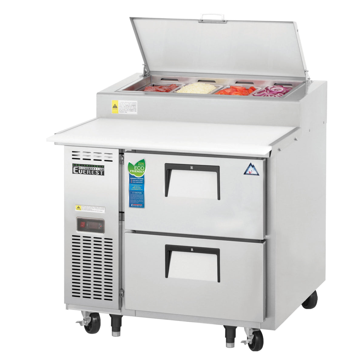 Everest EPPR1-D2 35" 1-Section Refrigerated Pizza Prep Table w/ 2 Drawers, (4) 1/3 Size Pans