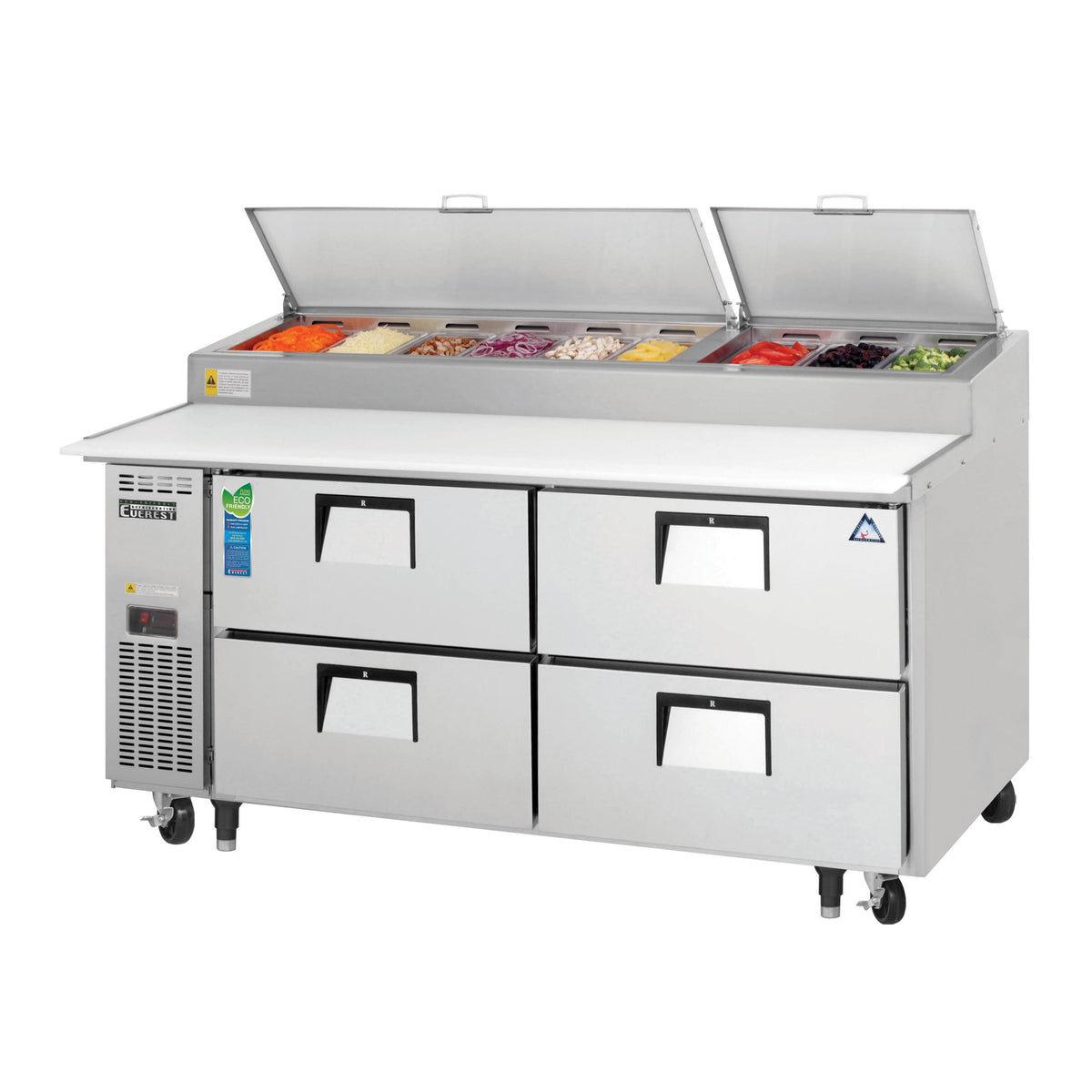 Everest EPPR2-D4 71" 2-Section Refrigerated Pizza Prep Table w/ 4 Drawers, (9) 1/3 Size Pans