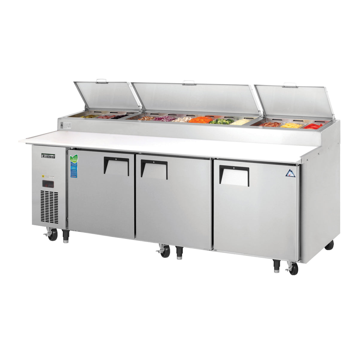 Everest EPPR3 93" 3-Section Refrigerated Pizza Prep Table w/ 3 Doors, (12) 1/3 Size Pans
