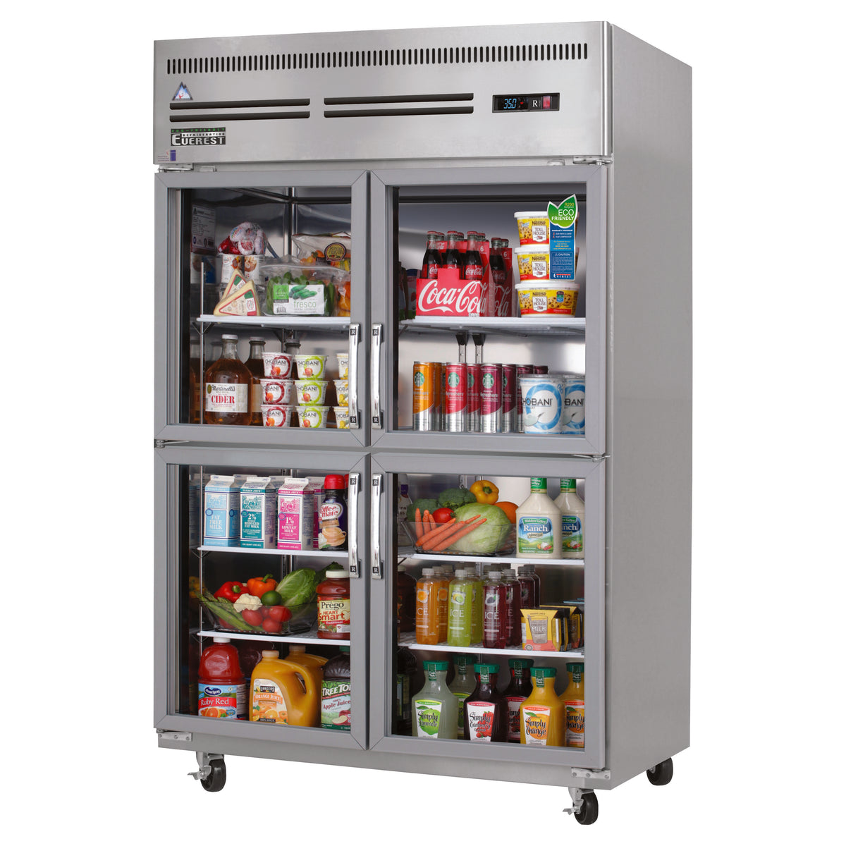 Everest ESGRH4 49" 2-Section Reach-In Refrigerator w/ 4 Glass Half Doors, Top Mount, Stainless Steel, 48 cu. ft.