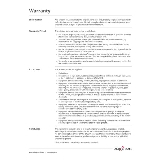 Alto Shaam's Warranty Information