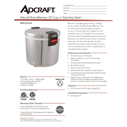 RW-E50GA Spec Sheet