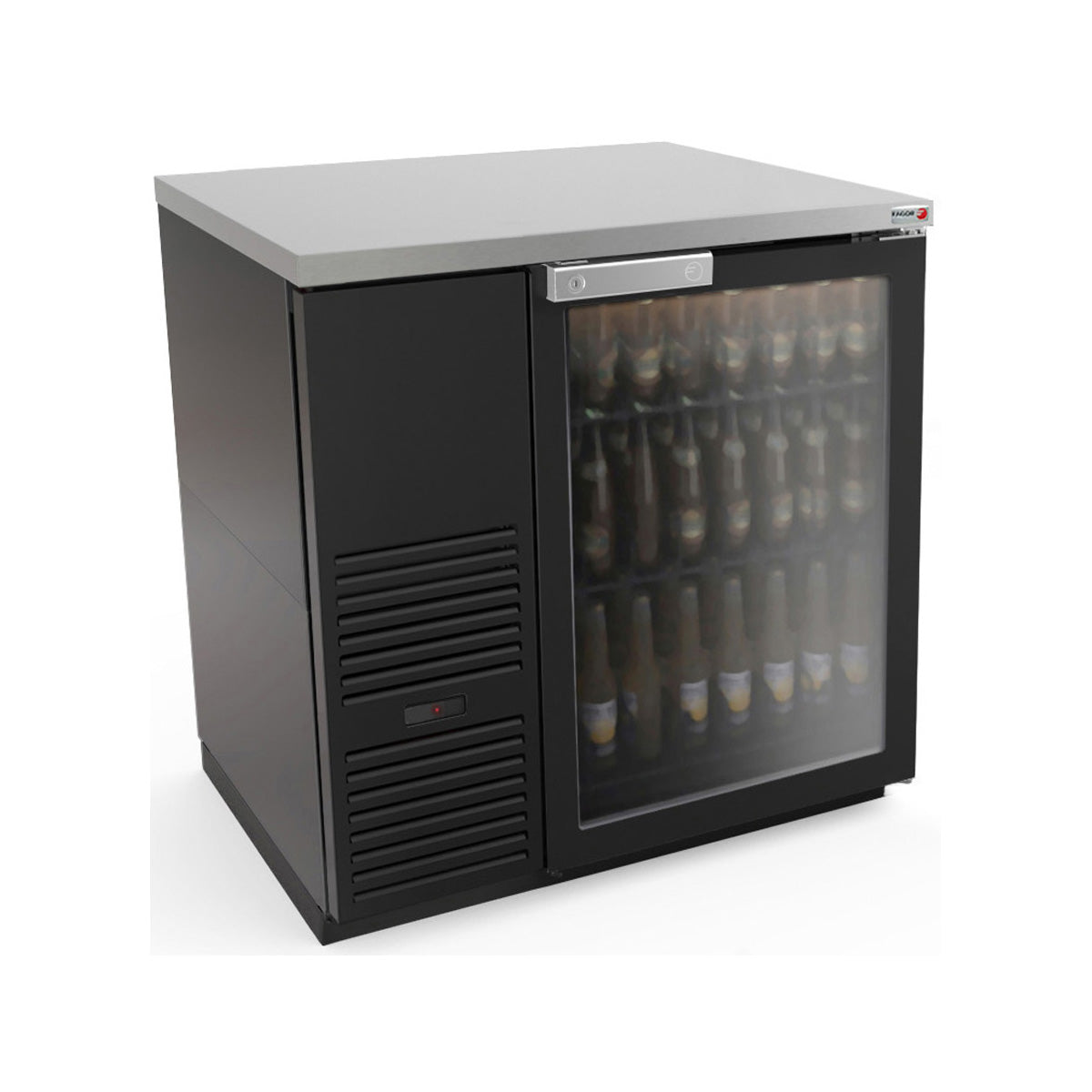 Fagor FBB-36G-N 1-door black back bar cooler with glass door and stainless steel top, front angle view
