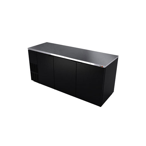Fagor FBB-79-N 3-door black back bar cooler with solid doors and stainless steel top, front angle view