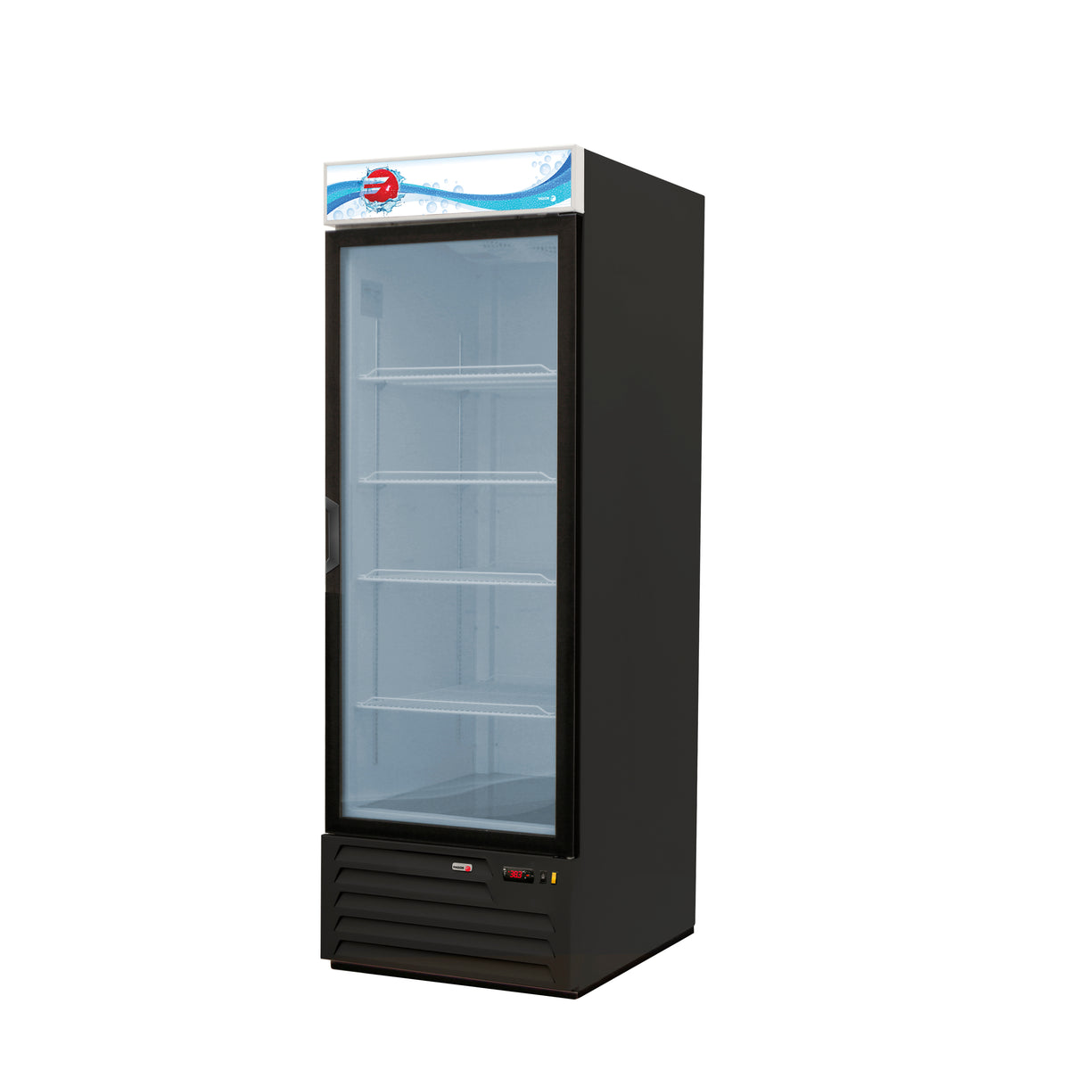 Fagor FMD-23 1-door black glass door merchandiser refrigerator with illuminated sign panel, front angle view