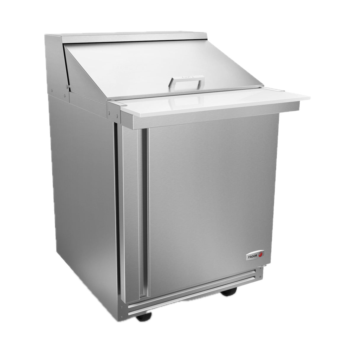 Fagor FMT-27-12-N 1-door mega top prep table, front angle view, lid closed