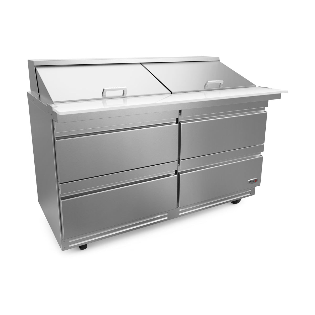 Fagor FMT-60-24-D4-N 4-drawer mega top prep table, front angle view, lid closed