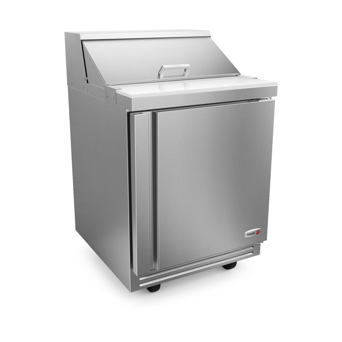 Fagor FST-27-8-N 1-door sandwich and salad prep table, front angle view, lid closed