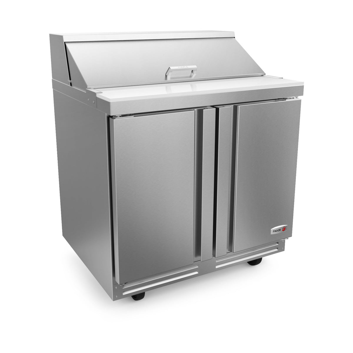 Fagor FST-36-10-N 2-door sandwich and salad prep table, front angle view, lid closed
