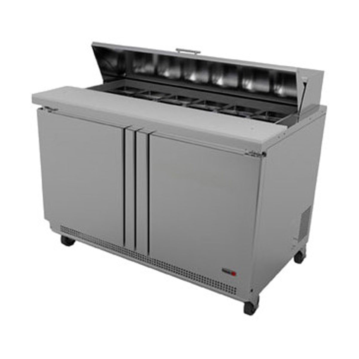 Fagor FST-48-12-N 2-door sandwich and salad prep table, front angle view, lid open