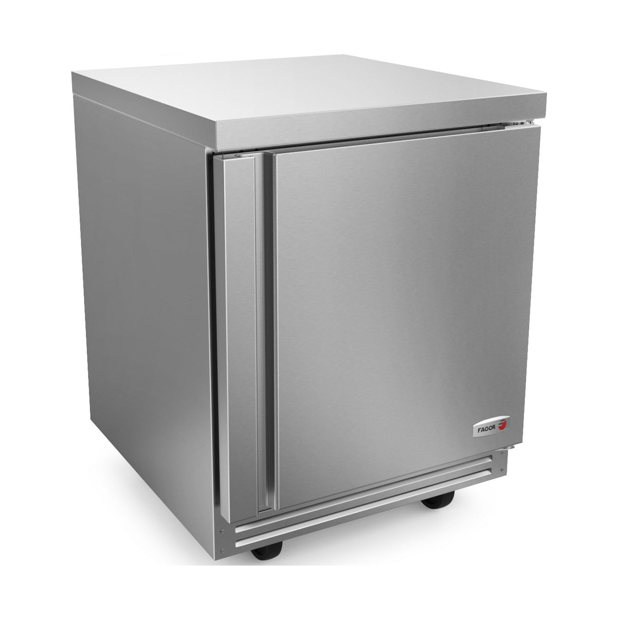 Fagor FUR-27-N 1-door stainless steel undercounter refrigerator on casters, front angle view