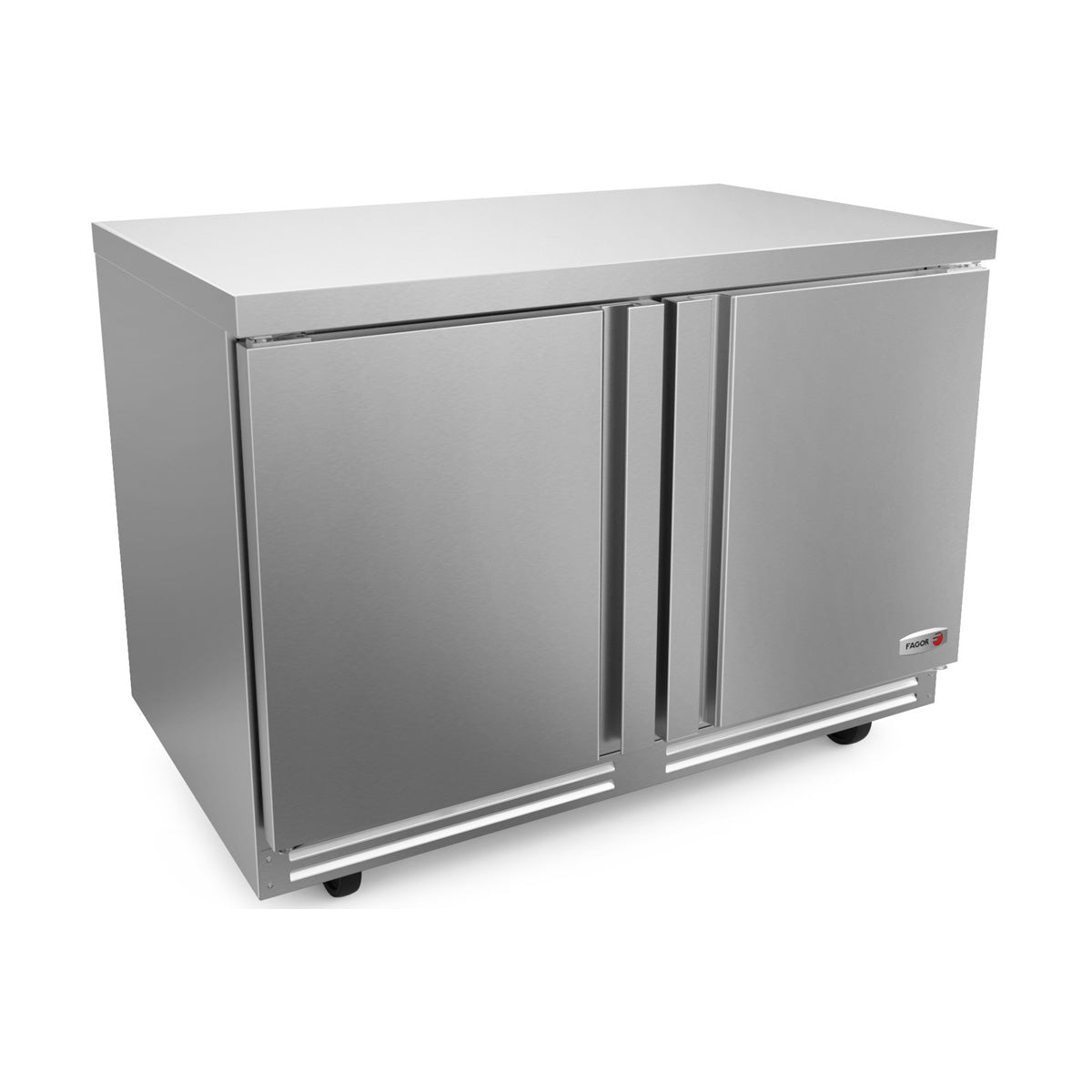 Fagor FUR-48-N 2-door stainless steel undercounter refrigerator, front angle view, doors closed