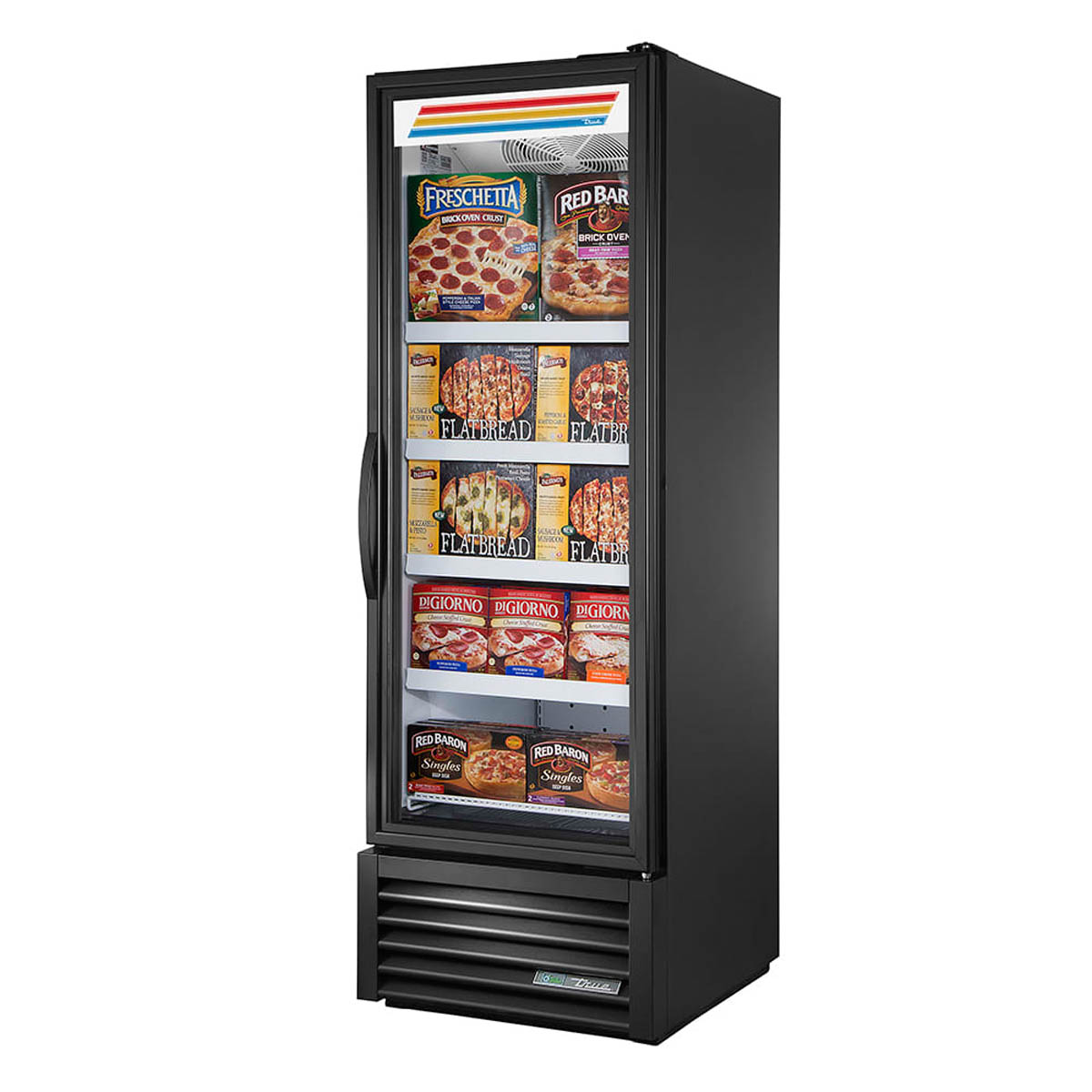 True FLM-27~TSL01 full length glass door merchandiser, front angle view, stocked with frozen food