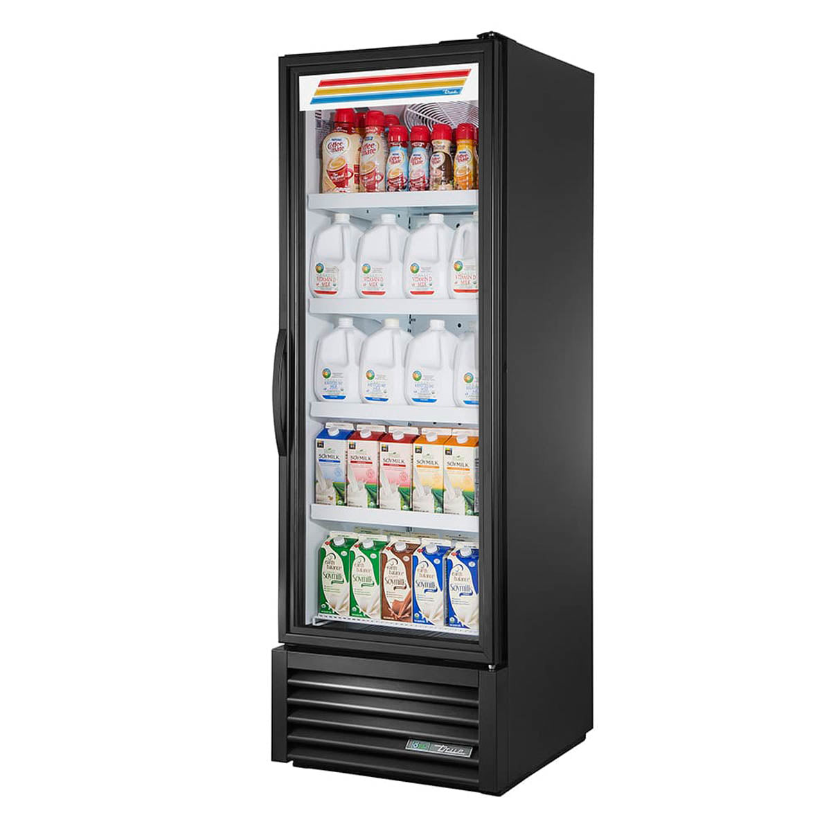 True FLM-27F~TSL01 full length glass door freezer, front angle view, stocked with product
