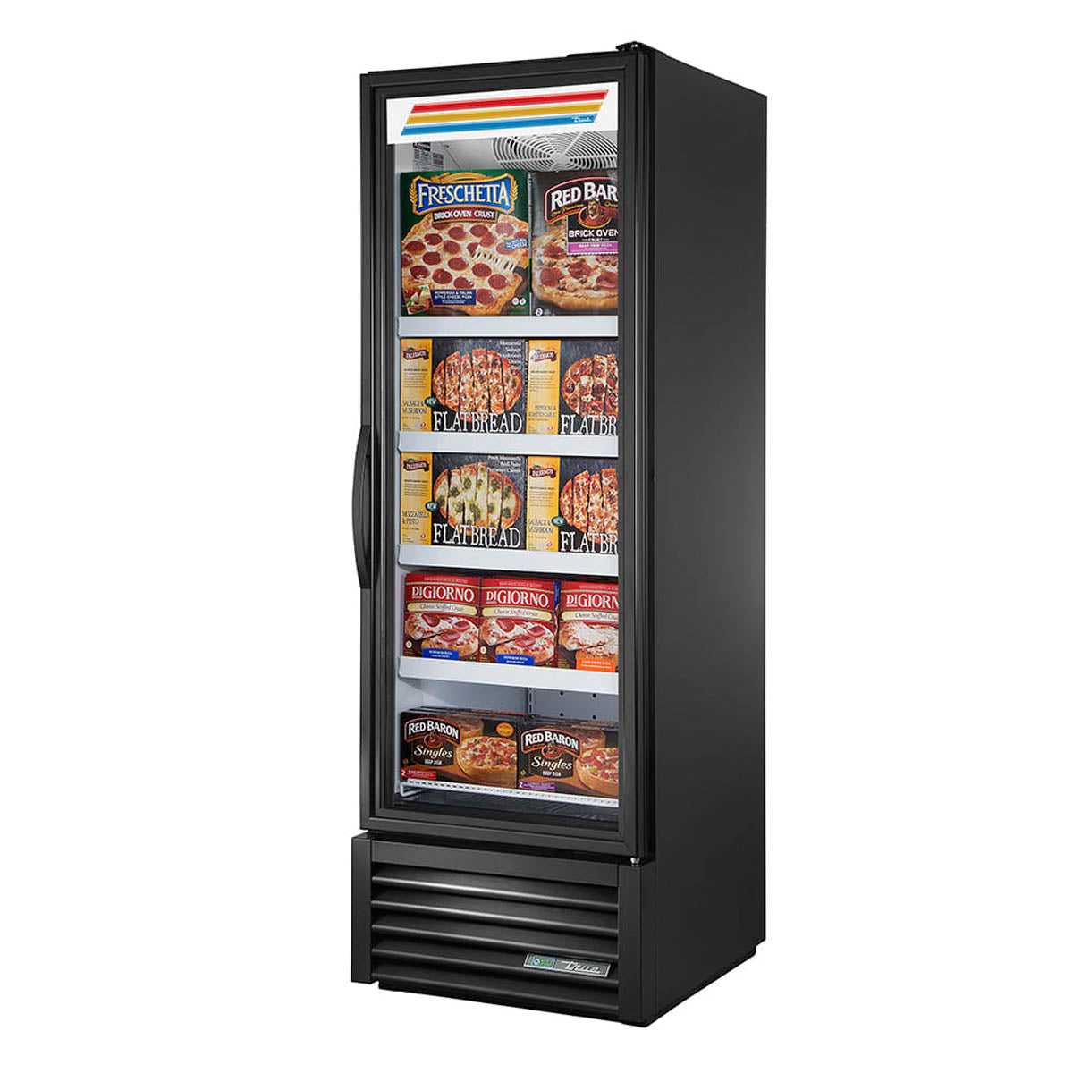 True FLM-27F~TSL01 full length glass door freezer, front angle view, stocked with frozen food