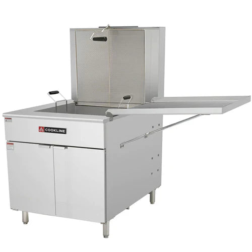 Cookline DOF-170 gas flat bottom donut fryer, front angle view with drain tray