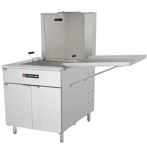 Cookline DOF-125 gas flat bottom donut fryer, front angle view with drain tray