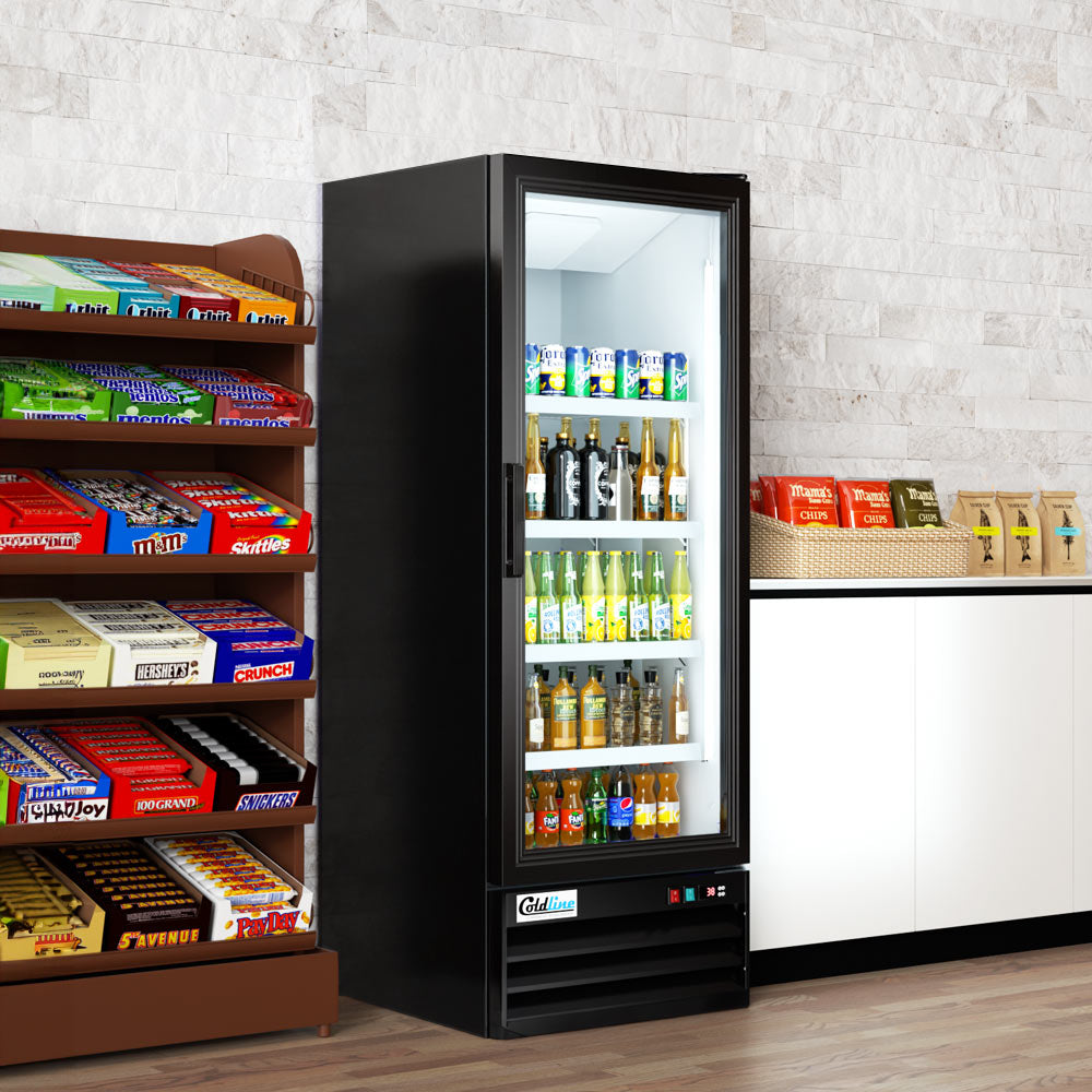 Coldline G10-B black glass door merchandiser refrigerator, stocked with drinks in a store (representative image)